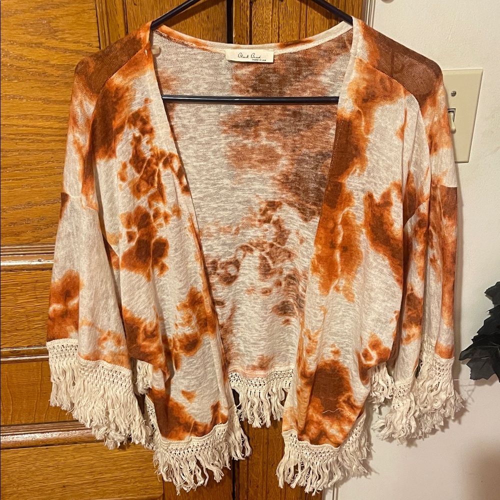 Women’s Orange Tie-Dye Fringe Short Kimono